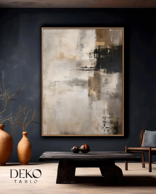 'Denge' Siyah ve Bejin Dinginliği Soyut Yağlı Boya Tablo
