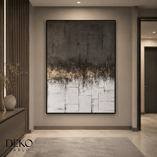 "Geçiş" Siyah Beyaz Gold Detaylı Soyut Yağlı Boya Tablo