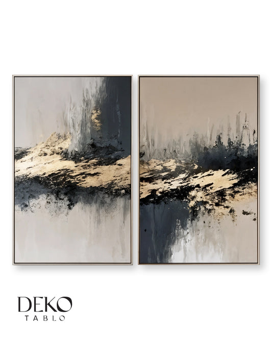"Kesişim" Bej Lacivert ve Gold Soyut İkili Set Yağlı Boya Tablo
