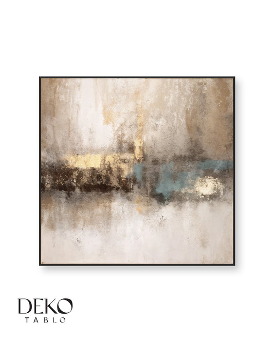 "İz" Bej Kahve Turkuaz ve Gold Detaylı Soyut Yağlı Boya Tablo