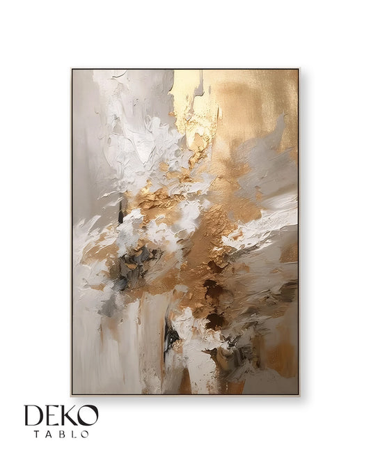 "Yoğun" Beyaz Gri ve Gold Detaylı Soyut Yağlı Boya Tablo
