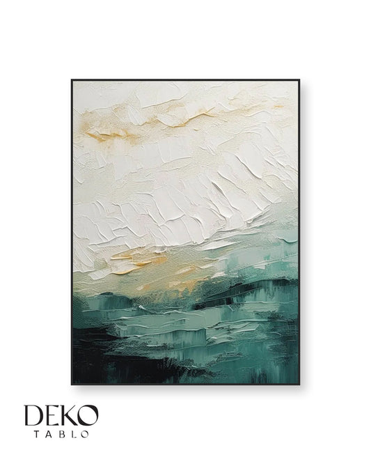 "Duru" Yeşil Beyaz ve Sarı Detaylı Soyut Yağlı Boya Tablo