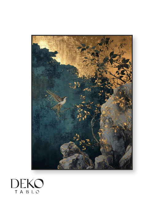"Kuş Cıvıltıları" Turkuaz ve Gold Detaylı Manzara Yağlı Boya Tablo