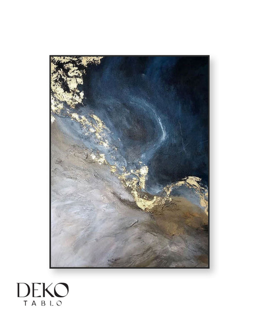 "Dark Blue" Lacivert Bej Gold Detaylı Yağlı Boya Tablo