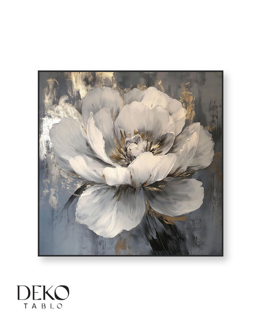 "Gece Işıltısı" Antrasit Beyaz Gold Detaylı Çiçek Yağlı Boya Tablo