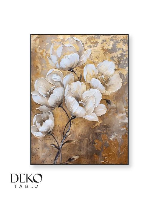 "Zarafet" Bej Beyaz Gold Çiçek Detaylı Yağlı Boya Tablo