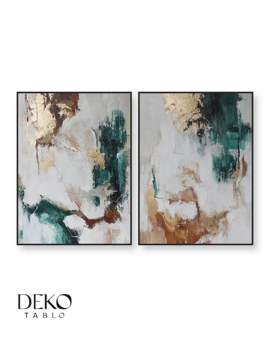 "Doğa" Yeşil Bej ve Gold Detaylı İkili Set Yağlı Boya Tablo