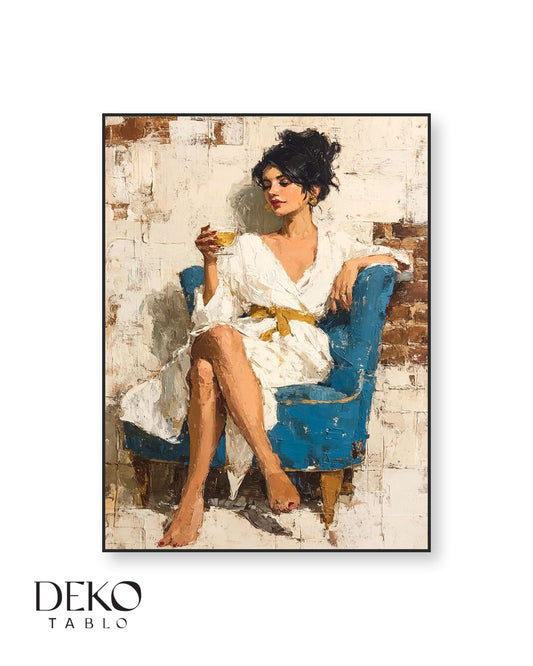 "Bihter" Beyaz Elbiseli Kadın Detaylı Yağlı Boya Tablo