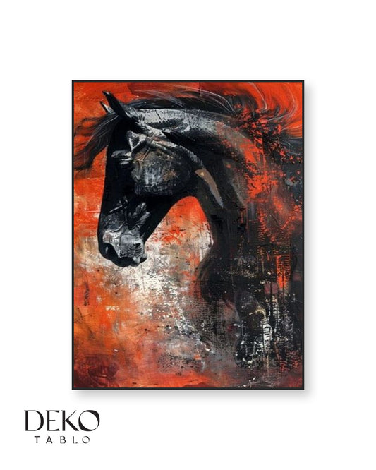 "Asalet" Kırmızı Fonda Siyah At Figürü Yağlı Boya Tablo