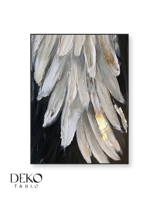 "Tüy" Siyah Beyaz Gold Detaylı Kanat Yağlı Boya Tablo
