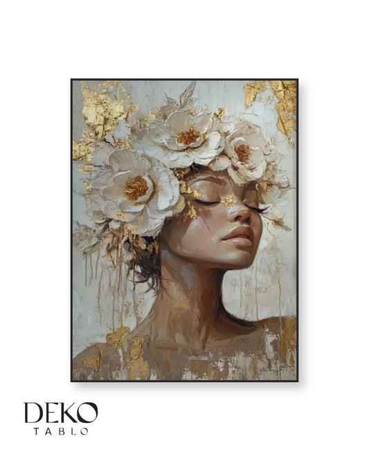 "Beyaz Çiçekler" Altın Beyaz Gold Kadın Detaylı Yağlı Boya Tablo