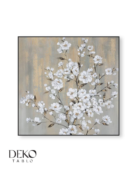 "Nisan" Beyaz Çiçek Dalı Detaylı Yağlı Boya Tablo