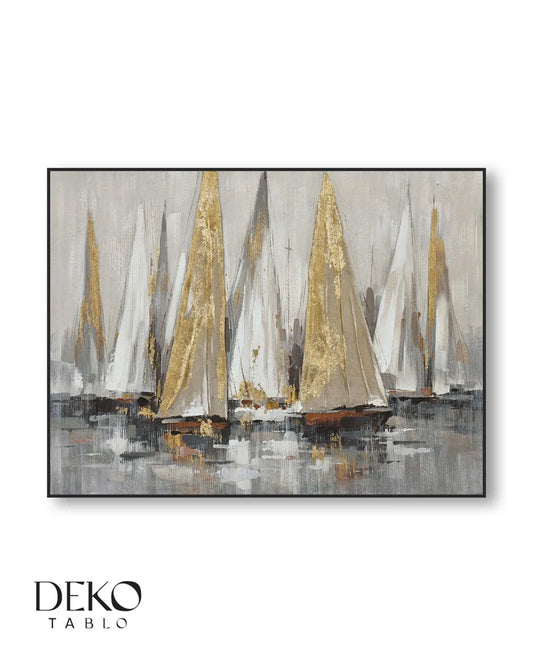"Açık Deniz" Beyaz ve Gold Detaylı Yağlı Boya Tablo