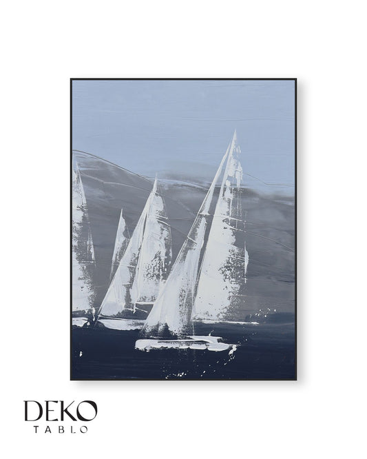 "Beyaz Yelkenler" Mavi ve Beyaz Detaylı Yağlı Boya Tablo
