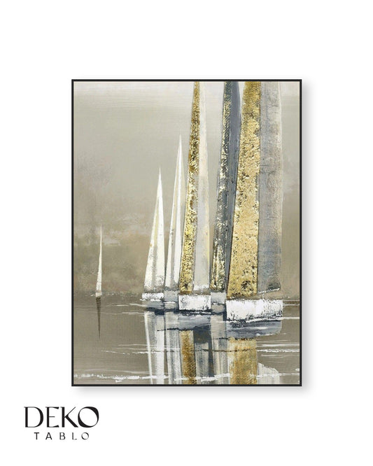 "Beyaz Yelken" Bej ve Gold Detaylı Manzara Yağlı Boya Tablo