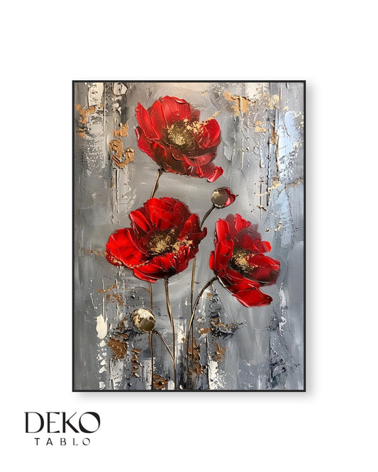 "Kırmızı Çiçekler" Kırmızı Beyaz Gri ve Gold Detaylı Yağlı Boya Tablo