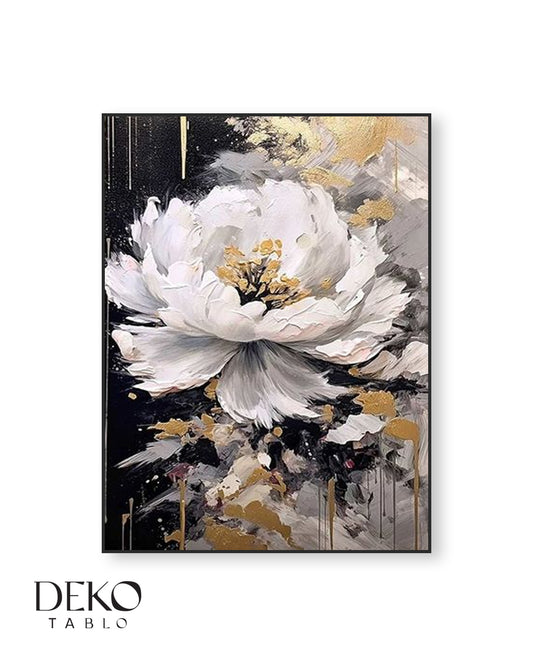 "Geceye Açan İnci" Siyah Beyaz Gri ve Gold Çiçek Detaylı Yağlı Boya Tablo