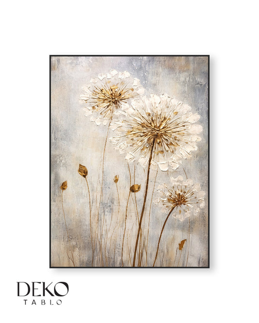 "Karahindiba" Beyaz Gri Gold Detaylı Yağlı Boya Tablo