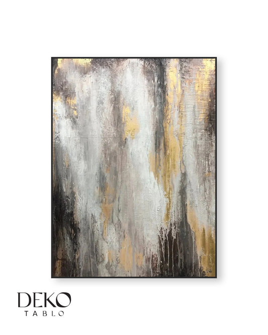 "Doğal Akış" Beyaz Siyah Gold Detaylı Soyut Yağlı Boya Tablo