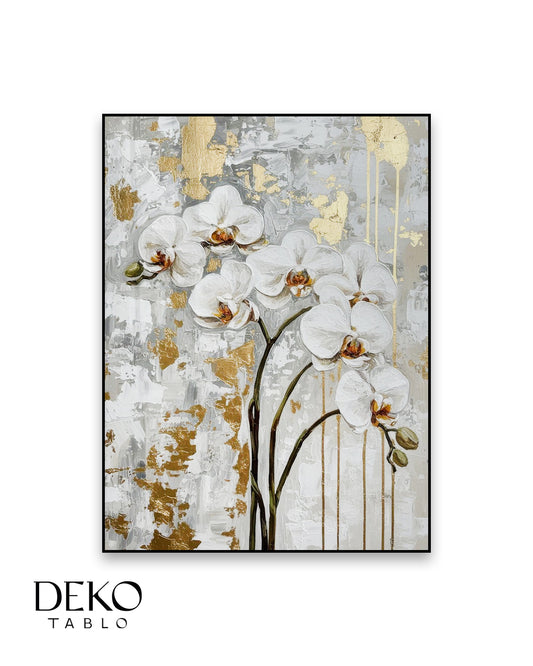 "Orkide" Altın Beyaz Detaylı Yağlı Boya Tablo