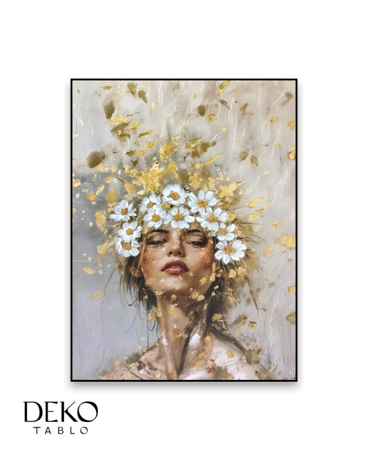 "Daisy" Beyaz ve Gold Detaylı Kadın Yağlı Boya Tablo