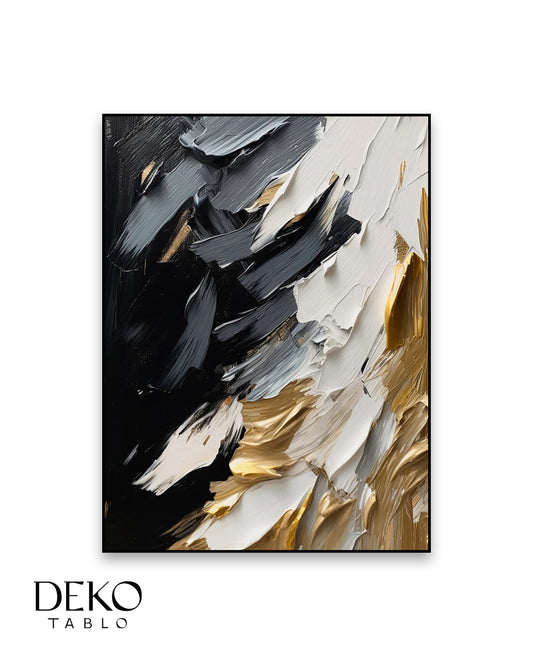 "Monokrom" Beyaz Siyah ve Gold Detaylı Yağlı Boya Tablo