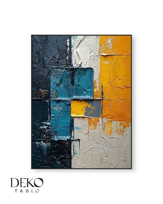 "Square" Mavi Sarı Beyaz Detaylı Yağlı Boya Tablo