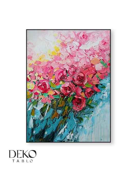 "Neşe" Turkuaz ve Beyaz Detaylı Pembe Çiçekler Yağlı Boya Tablo