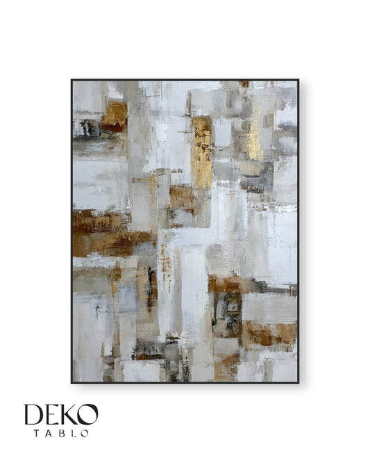 "Soft" Beyaz ve Gold Soyut Detaylı Yağlı Boya Tablo