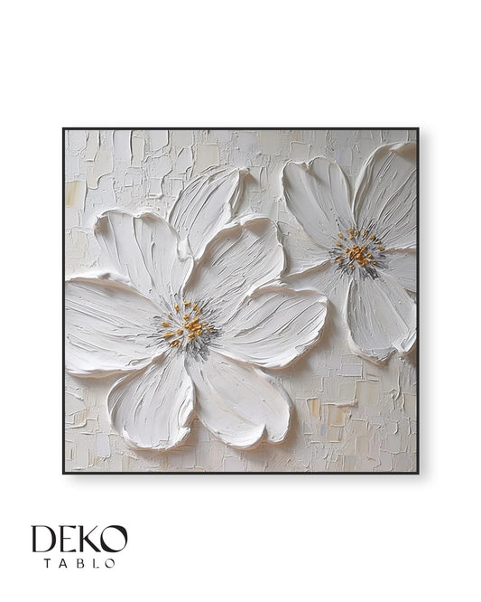 "Papatya" Beyaz ve Gold Tonlarında Detaylı Yağlı Boya Tablo