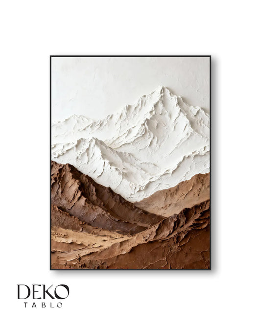 "Silent" Beyaz ve Kahverengi Dağ Figürü Detaylı Yağlı Boya Tablo