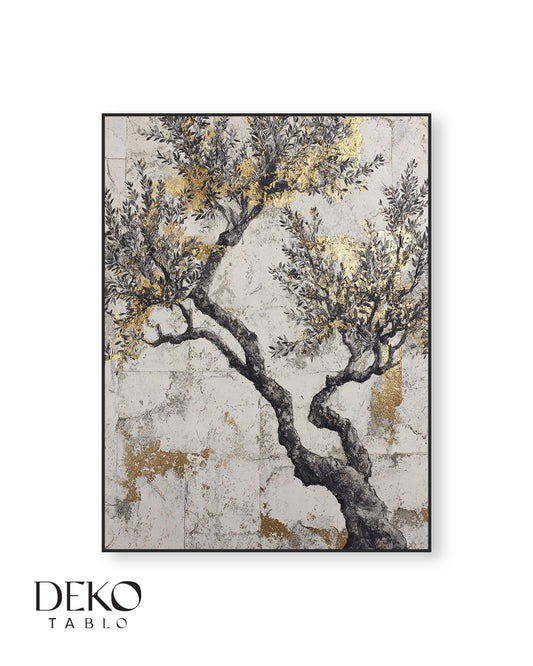 "Zeytin Ağacı" Siyah Gri Beyaz ve Gold Detaylı Yağlı Boya Tablo