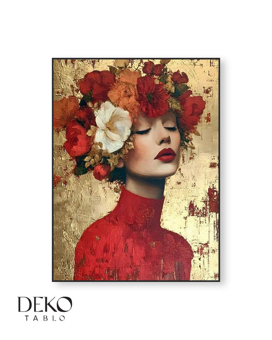 "Caroline" Kırmızı ve Gold Tonlarında Detaylı Yağlı Boya Tablo