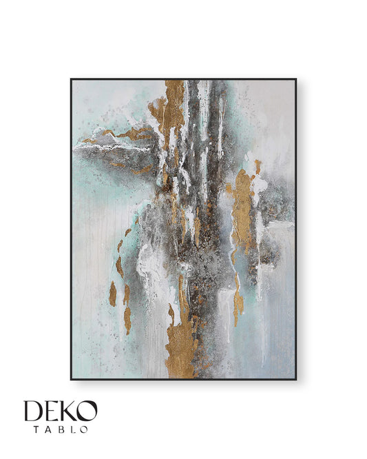 "Mist" Gri Turkuaz ve Altın Tonları ve Beyaz Detaylı Yağlı Boya Tablo