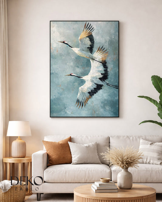 "Mavi Gökyüzü" Gold Detaylı Uçan Kuş Yağlı Boya Tablo