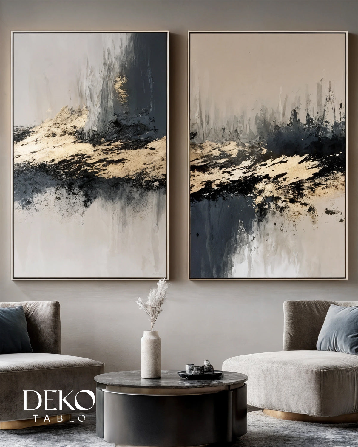 "Kesişim" Bej Lacivert ve Gold Soyut İkili Set Yağlı Boya Tablo