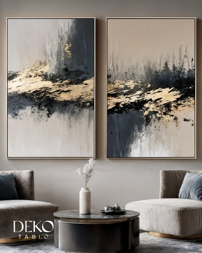 "Kesişim" Bej Lacivert ve Gold Soyut İkili Set Yağlı Boya Tablo