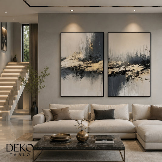 "Kesişim" Bej Lacivert ve Gold Soyut İkili Set Yağlı Boya Tablo
