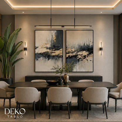"Kesişim" Bej Lacivert ve Gold Soyut İkili Set Yağlı Boya Tablo