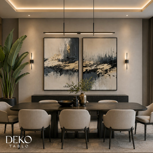 "Kesişim" Bej Lacivert ve Gold Soyut İkili Set Yağlı Boya Tablo