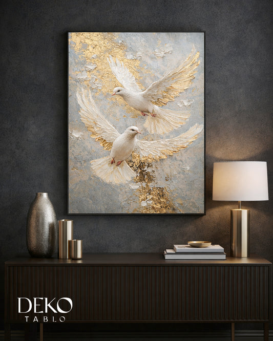 "Beyaz Güvercin" Gold Efektli Yağlı Boya Tablo