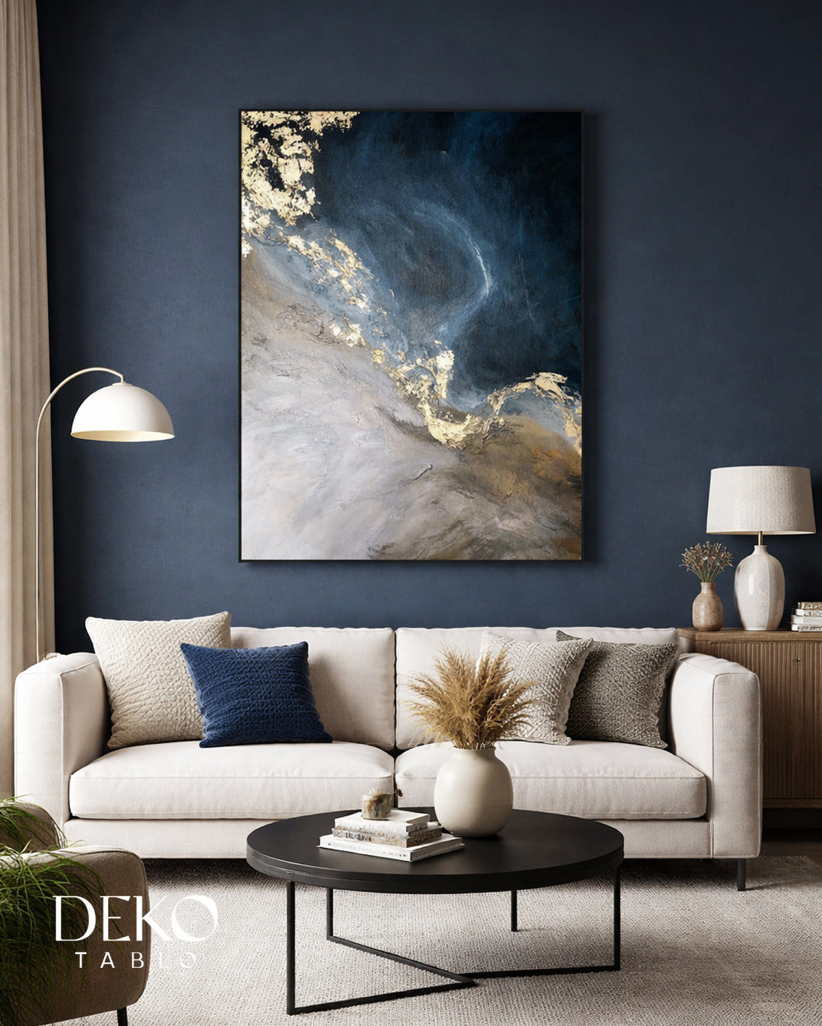 "Dark Blue" Lacivert Bej Gold Detaylı Yağlı Boya Tablo