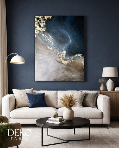 "Dark Blue" Lacivert Bej Gold Detaylı Yağlı Boya Tablo