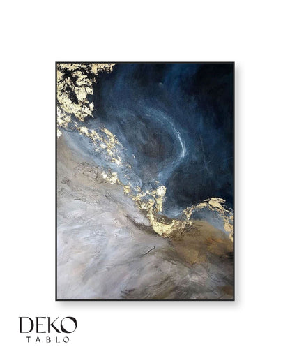 "Dark Blue" Lacivert Bej Gold Detaylı Yağlı Boya Tablo