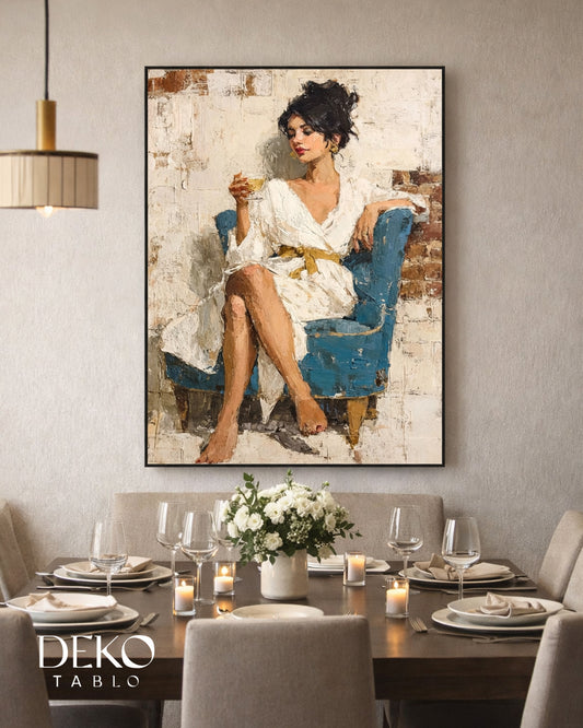 "Bihter" Beyaz Elbiseli Kadın Detaylı Yağlı Boya Tablo