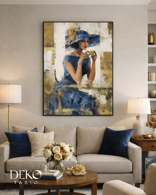 "Tea Time" Mavi Elbiseli Kadın Detaylı Yağlı Boya Tablo