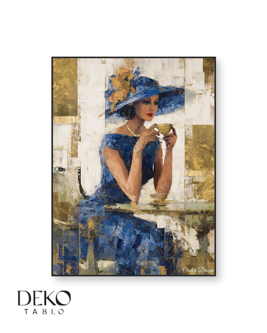 "Tea Time" Mavi Elbiseli Kadın Detaylı Yağlı Boya Tablo