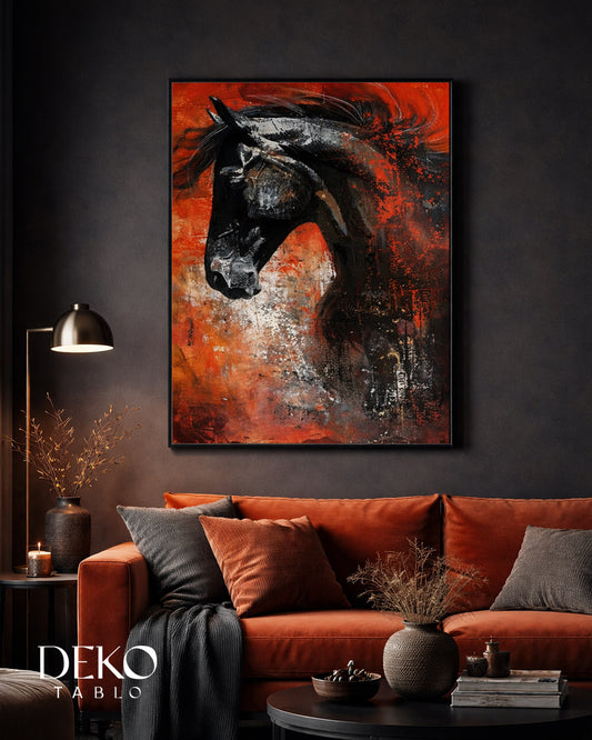 "Asalet" Kırmızı Fonda Siyah At Figürü Yağlı Boya Tablo