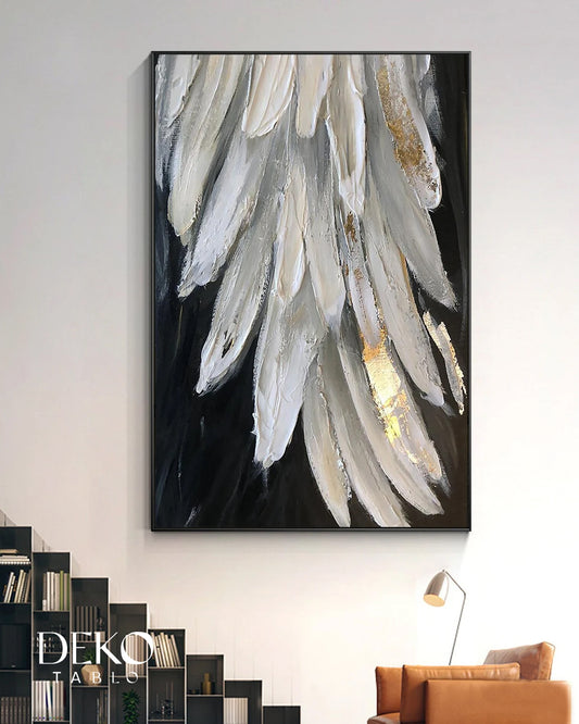 "Tüy" Siyah Beyaz Gold Detaylı Kanat Yağlı Boya Tablo