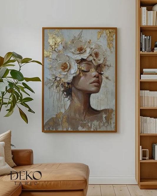 "Beyaz Çiçekler" Altın Beyaz Gold Kadın Detaylı Yağlı Boya Tablo